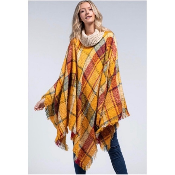 NEW Chloe Cozy Soft Long Boho Plaid Turtleneck Pullover Poncho Fringe - Picture 12 of 12